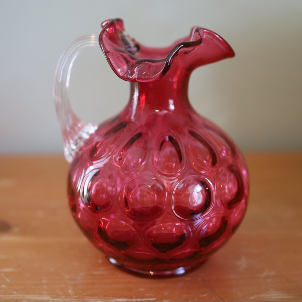 Vintage glass Fenton cranberry coin dot ruffle top pitcher 6.5”